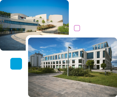 A collage of images featuring various architectural styles and a prominent building in the center.
